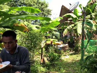 Handsome Uncle Eating Breakfast At The Backyard